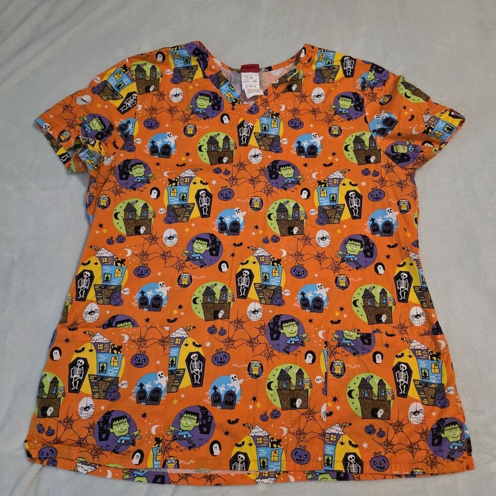 Halloween Dickies Womens Scrub Top XL‎ Pumpkin Frankenstein Ghost Haunted House